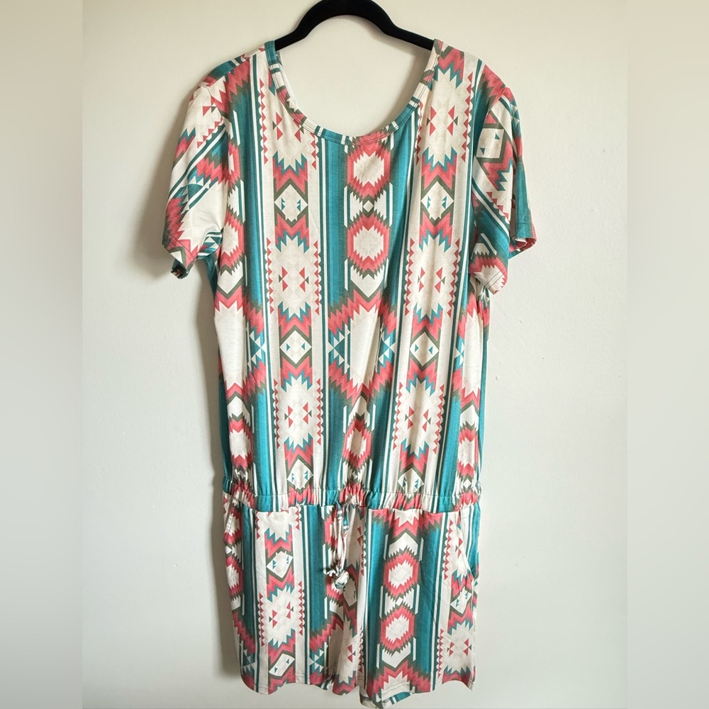 Crazy Train Romper - Teal and Pink Aztec NWT